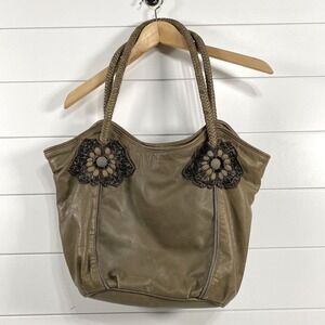 Anthropologie Jasper & Jeera Womens Beaded Braided Floral Leather Tote Bag Purse